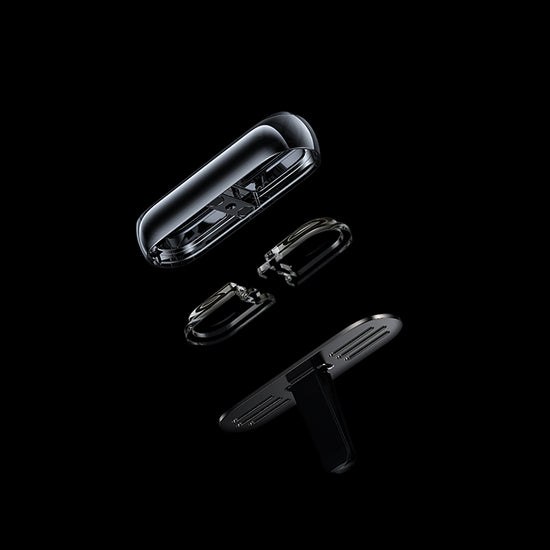 Floating open view of the Smul luxury car air freshener unit. You have a view of the top compartment, gel car scents in the middle, and the bottom compartment which attaches to the car's air inlets.